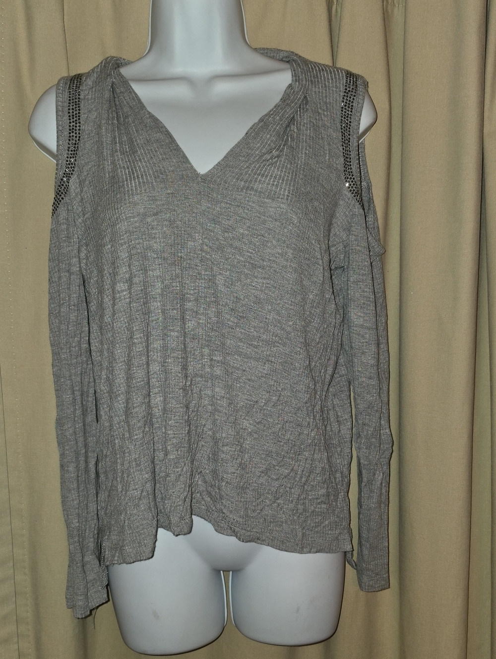 Vocal Gray Cold-Shoulder V-Neck Knit Top With Rhinestones